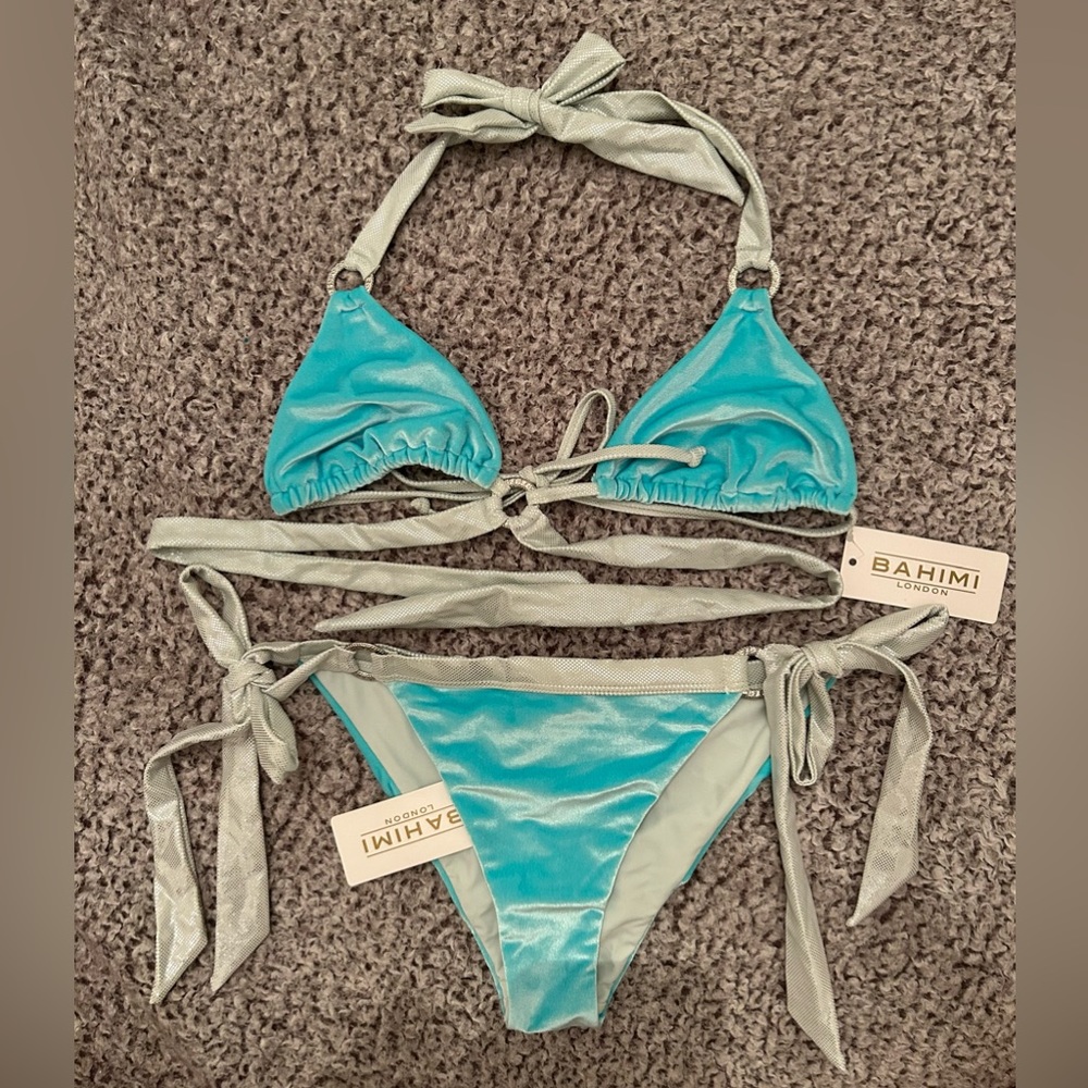 Bahimi London Blue and Silver Bikini Set (Top, bottoms, and travel bag included)